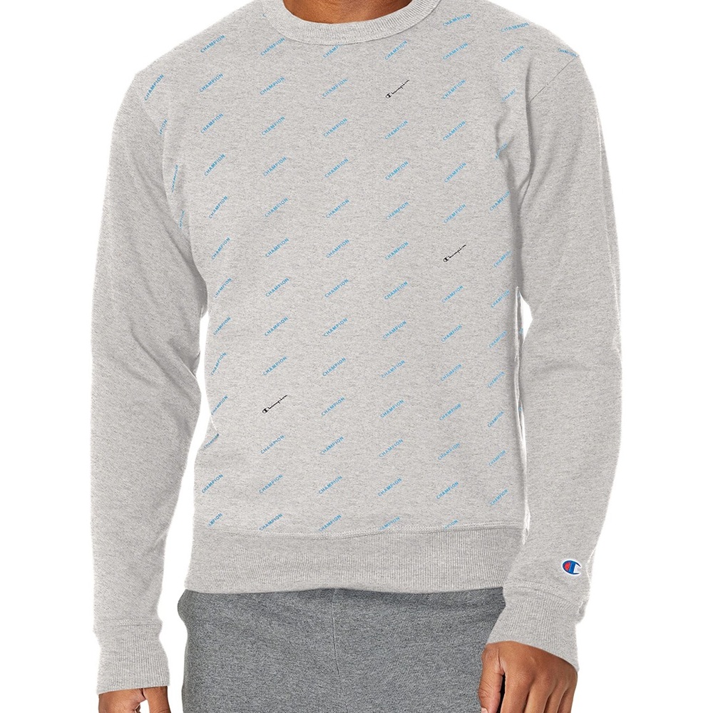 Champion Mens Large Pullover Crewneck Sweatshirt All Over Print Logo Gray